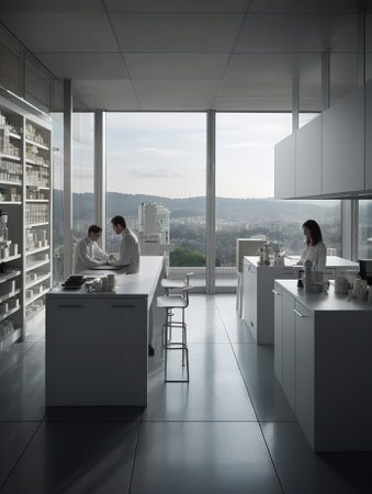 Two scientists working on a new experiment in a modern laboratory with a view on the cityの素材