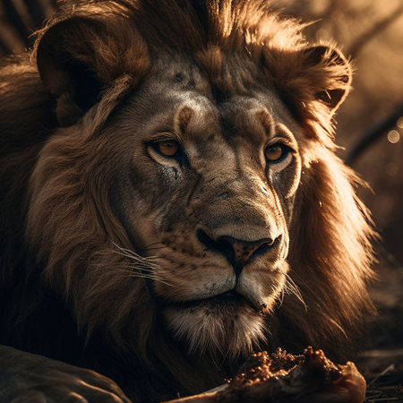 Lion eating a piece of meat in the savanna of Africaの素材