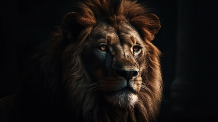 Portrait of a lion on a dark background. studio shot.の素材