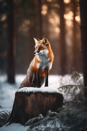 Red fox sitting on a stump in the forest at sunset. Winter.の素材