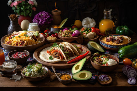 Traditional mexican tacos with meat and vegetables served on wooden tableの素材