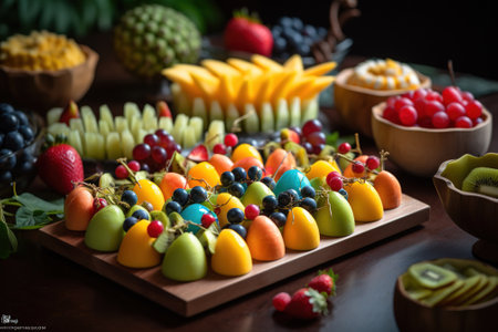 Variety of fruit and berries on a wooden table, selective focus.の素材