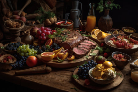 Sliced roast beef with fresh berries and fruits on wooden tableの素材