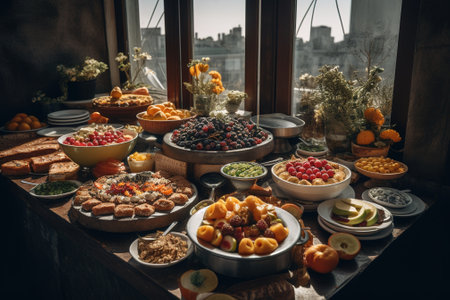 Dessert table with variety of fruit, berries and cereals in restaurantの素材