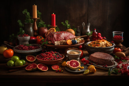 Still life with different foods on a wooden table. Toned.の素材