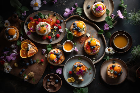 Fruit and berry tarts with whipped cream and orange juiceの素材