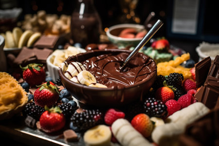 Chocolate fondue with fruits and sweets on a dark background.の素材