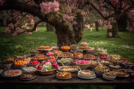 Candy bar in the garden with cherry blossoms in the backgroundの素材
