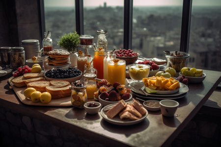 Breakfast table with fresh fruits, berries, juice and croissantsの素材