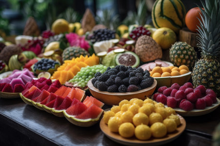 Fruits on the table for sale at a local market in Thailandの素材