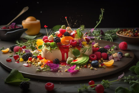 Vegetable salad with fresh berries on a dark background. Healthy food concept.の素材