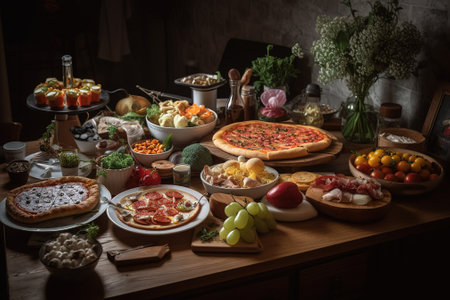 Assortment of delicious Italian pizzas on a wooden table in a restaurantの素材