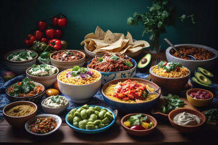 Assorted mexican food in bowls on a wooden table.の素材