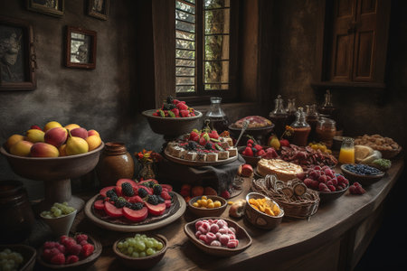 Still life with different fruits and berries in a rustic style.の素材