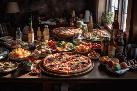 Delicious homemade pizza with different toppings on wooden table in restaurantの素材