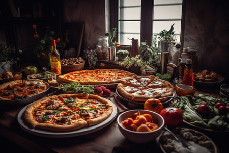delicious italian pizza served on wooden table in rustic kitchenの素材