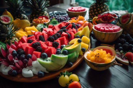 Fruit platter with watermelon, strawberries, blueberries, kiwi, blackberries, melon, pineappleの素材