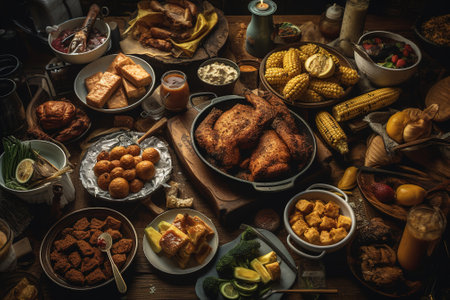 Traditional Turkish and Greek dinner appetizer table with meat, vegetables and olivesの素材