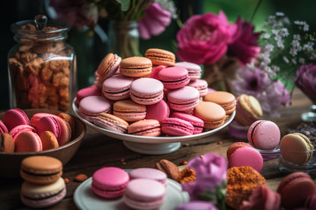 Colorful macaroons on the wooden table with flowers in the backgroundの素材
