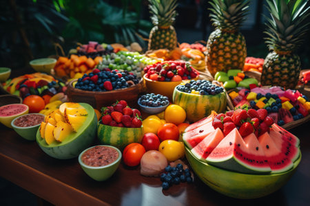 Fruits and berries on a wooden table. Healthy food concept.の素材