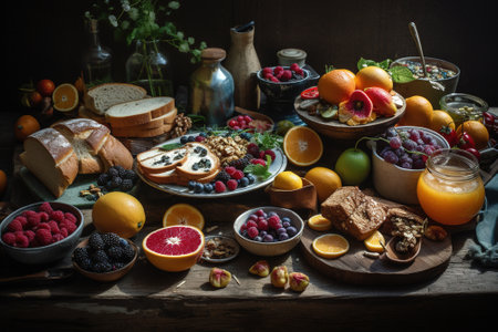 Healthy breakfast with fresh fruits and berries on rustic wooden tableの素材