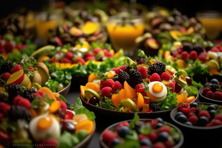 Catering buffet with different fruits and berries. Shallow depth of fieldの素材