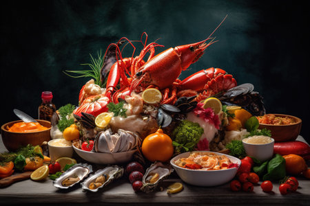 Seafood platter on wooden table. Restaurant menu background.の素材