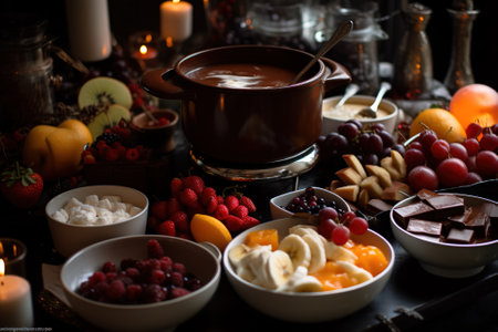 Chocolate fondue with variety of fruit and berries on dark backgroundの素材