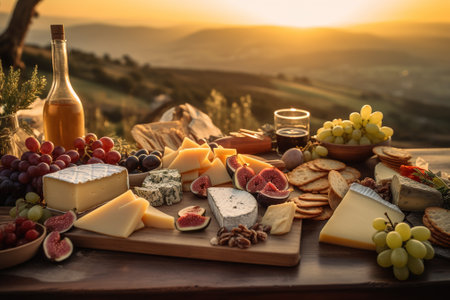Cheese platter with assorted cheeses, grapes and wine in Tuscany, Italyの素材