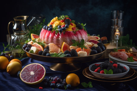 Fruit salad with fresh fruit and berries on a dark background.の素材