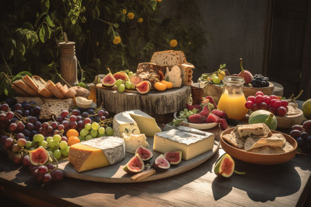 Cheese platter with variety of cheeses, grapes, figs and orangesの素材