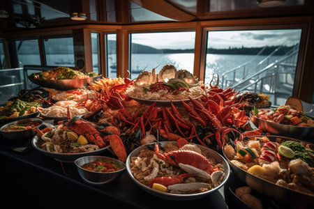 Lobster, crab, lobster, mussel and other seafood in restaurantの素材