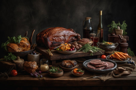 Roasted turkey with vegetables and wine on wooden table, dark backgroundの素材