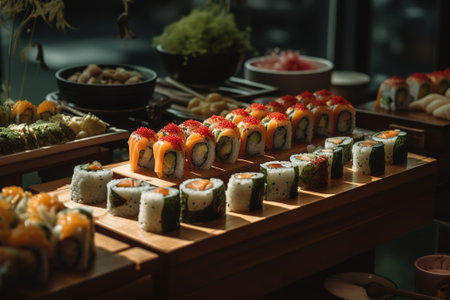 Sushi set on a wooden table in a restaurant. Selective focus.の素材