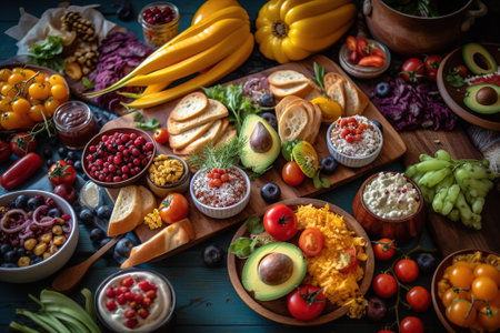 Healthy food background. Assorted fresh vegetables, fruits and bread on a wooden tableの素材