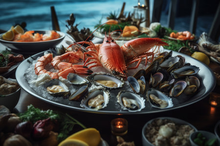 Seafood on a plate in restaurant. Seafood dishes.の素材