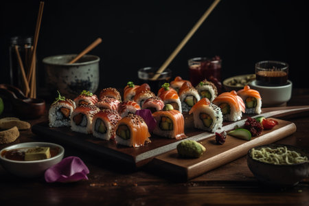 Sushi rolls with salmon, cream cheese, cucumber, red caviar and wasabi on a wooden tableの素材