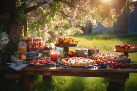 Picnic in the garden with fresh fruit and berries on the tableの素材