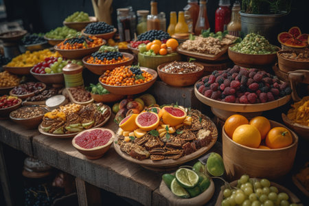 Various fruits and berries on a wooden table in a market stall.の素材