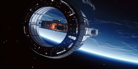 View of a futuristic space ship flying in outer space 3d renderingの素材