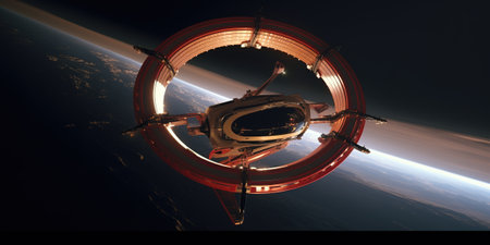 3D CG rendering of space ship and astronaut. 3D CG render.の素材