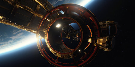 View of the space station from the window of an alien planet.の素材