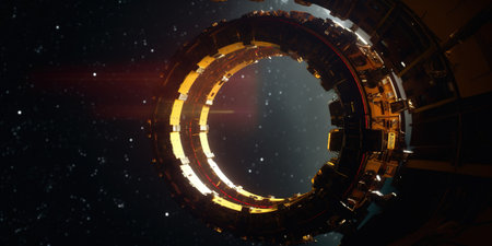 Futuristic space station with glowing neon lights. 3d renderの素材