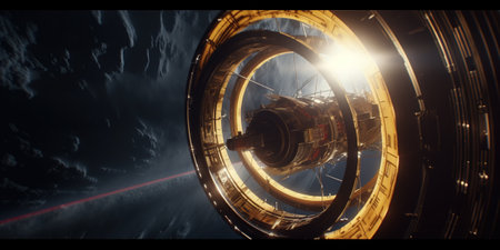 Spaceship in space. 3d render. science fiction.の素材