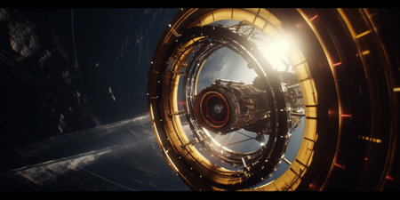 3D rendering of a spaceship in outer space. Futuristic backgroundの素材