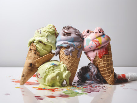 Ice cream cones with splashes of multicolored ice cream.の素材