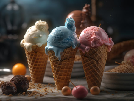 Ice cream in waffle cones and candies on table, closeupの素材