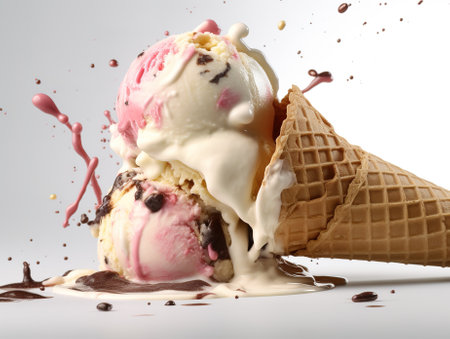 ice cream with chocolate and strawberry in waffle cone on white backgroundの素材