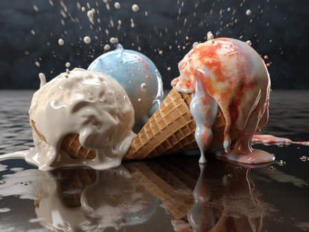 ice cream with splashes on a black background. 3d renderの素材
