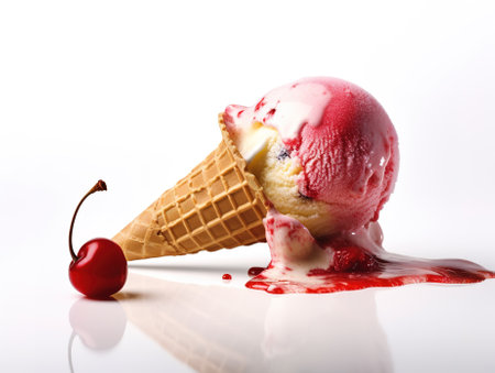 ice cream with cherry on a white background, close-up.の素材
